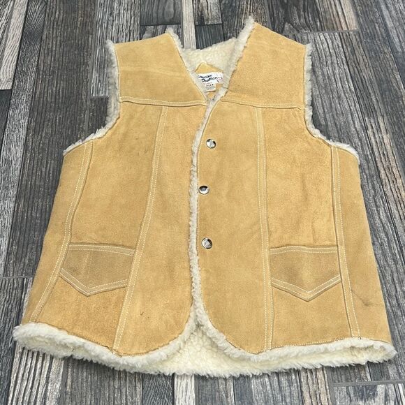 🔥🔥 True Vintage GENUINE LEATHER PILE Tan Suede Western Sherpa Lined VEST Jacke - Picture 3 of 11